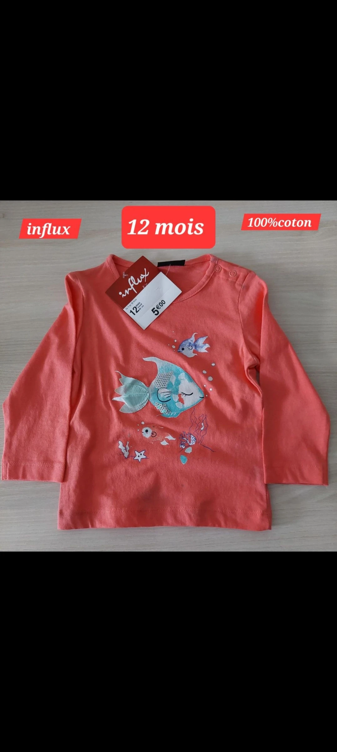 Haut influx motif poisson fille 12 mois 